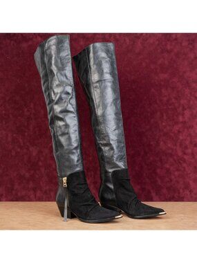Schutz Women Tenia Western Cowboy Pointy Toe Black Leather OTK Boots size 5
